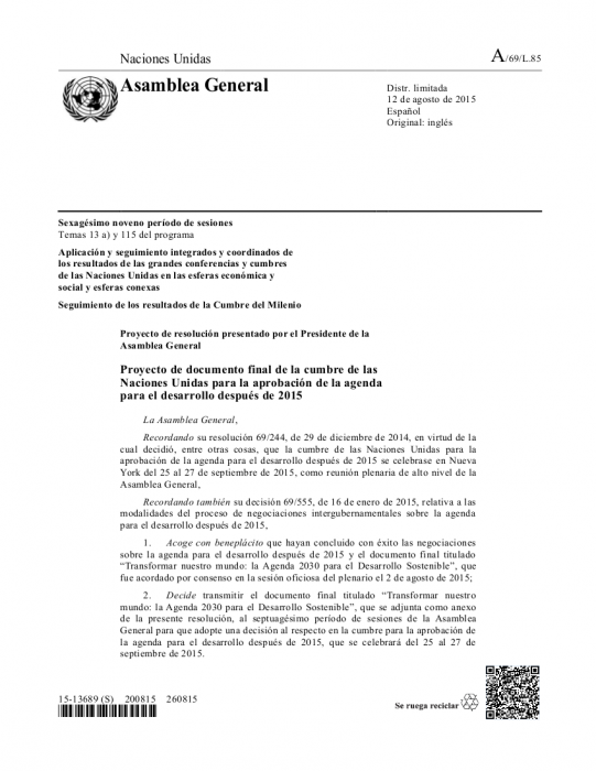 Resolución A/69/L.85 - Agenda 2030 Desarrollo Sostenible (ES)